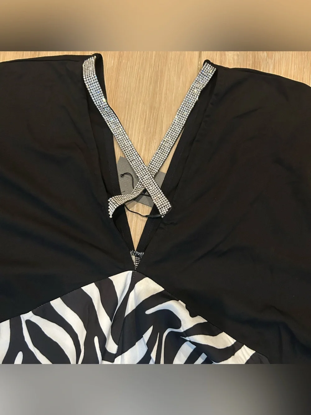 S-DEER Zebra Print Asymmetrical Maxi Dress Open Back Rhinestone